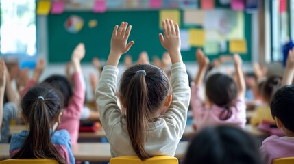 Children raise hands in classroom, eager to participate in lesson.