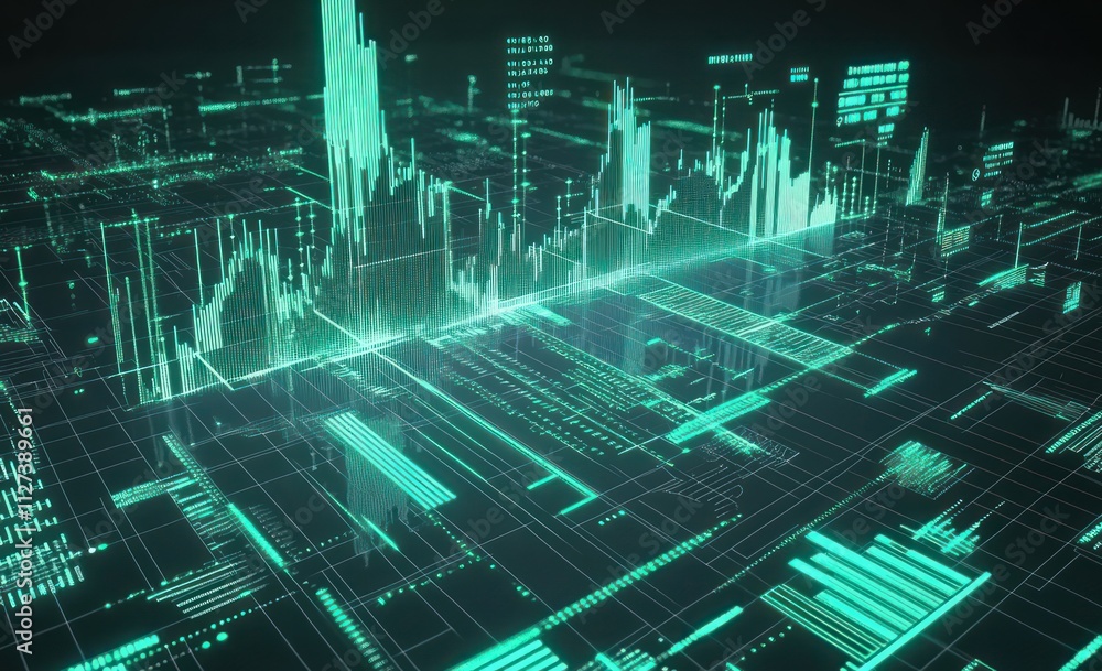 Poster a futuristic digital landscape showcasing data visualization and analytics.