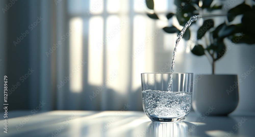 Poster a glass is filled with water, illuminated by soft light through a window.