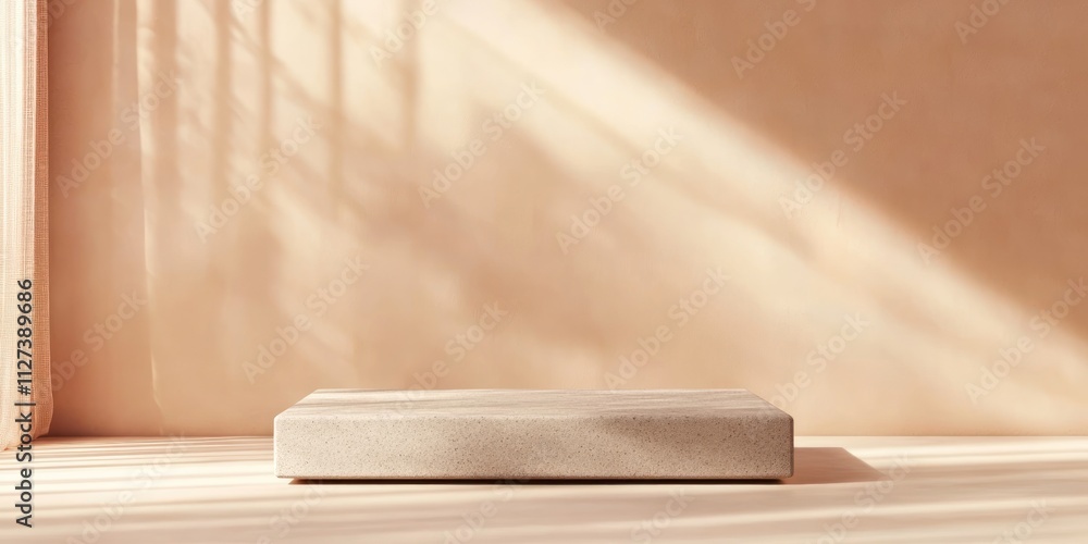 Poster a minimalist display platform in a softly lit, neutral-toned environment.