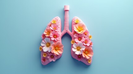 1)	Human lungs creatively designed with blooming flowers, rendered in soft pastel colors, set against a soothing blue background, 3D illustration, symbolizing the harmony 