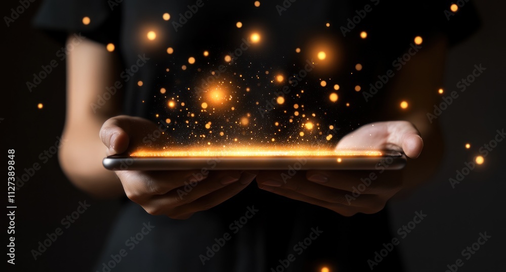Poster a person holds a tablet emitting glowing particles, symbolizing innovation and technology.