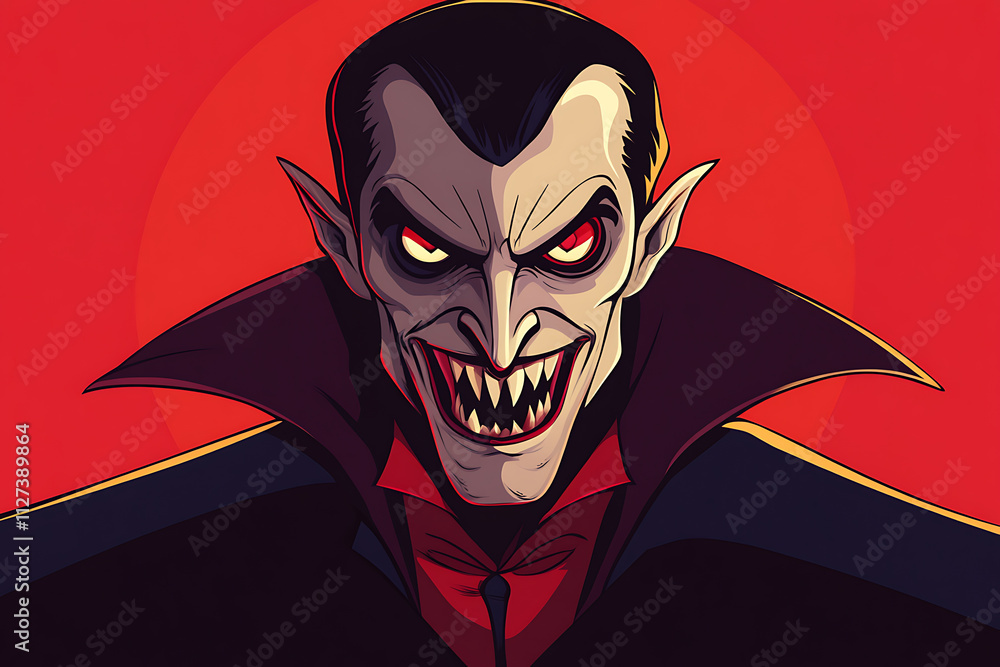 Poster a stylized vampire with sharp fangs and a menacing expression against a red background.