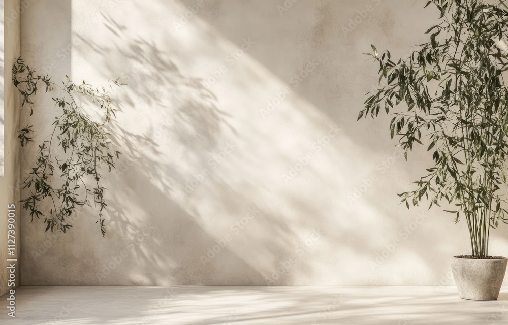 Poster a serene interior space with soft light and a potted plant creating a calming atmosphere.