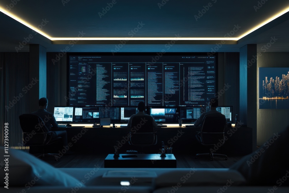Aufkleber A dimly lit control room with individuals monitoring multiple screens displaying data.