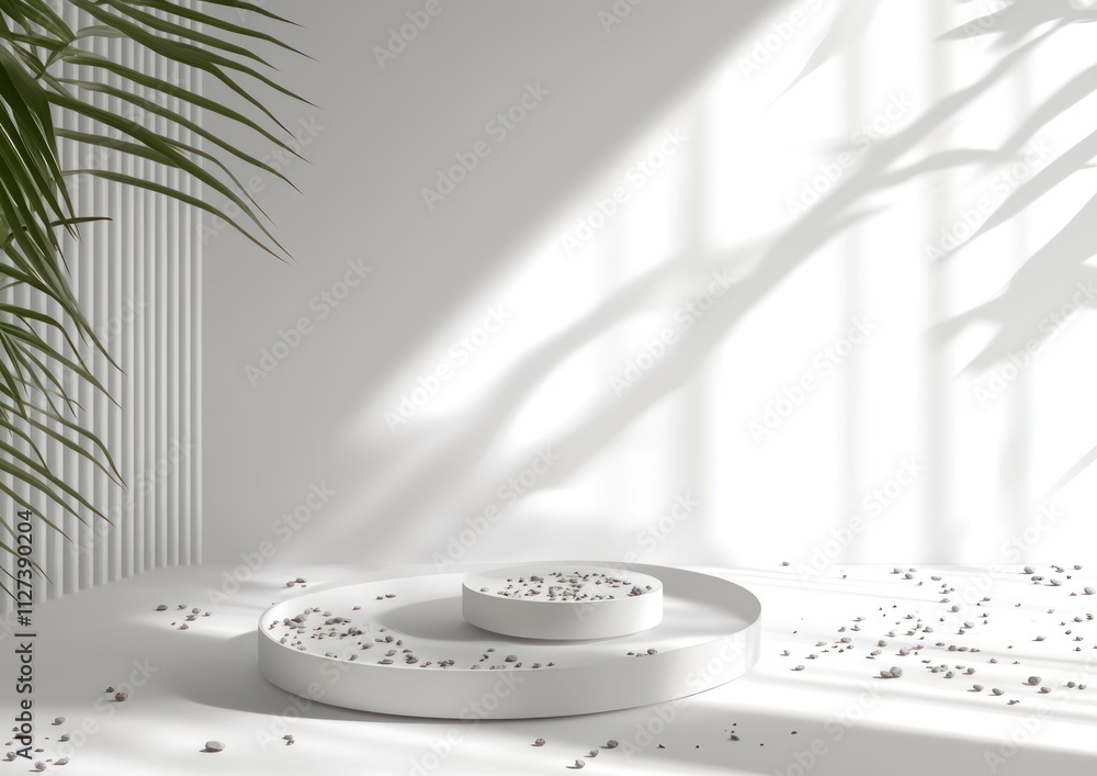 Poster A minimalist display setting with circular platforms and scattered pebbles, enhanced by shadows.