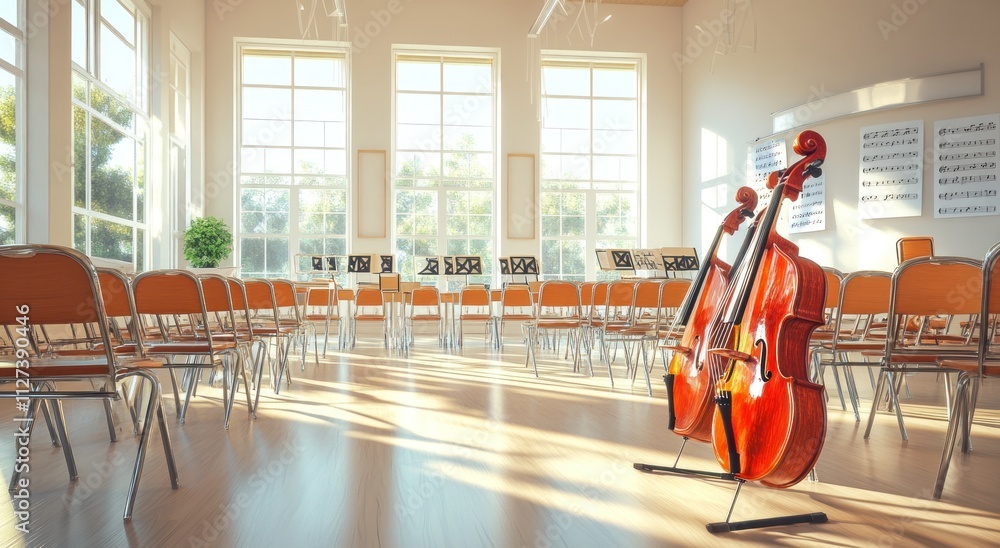 Poster a bright music room with chairs and instruments, ready for a rehearsal or class.