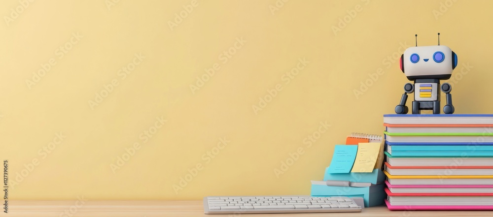Poster A colorful workspace with a robot figurine and stacked books against a plain background.