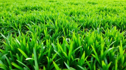 Fototapeta premium Lush green grass covering a vibrant landscape, showcasing its rich texture and color, ideal for outdoor photography and nature-themed projects, emphasizing freshness and vitality.