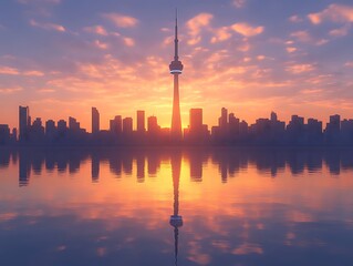 Obraz premium Toronto Skyline Sunset Featuring Iconic Tower