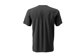A rear view of a dark grey short sleeved polo shirt shown against a white background.