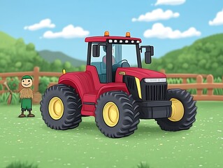 Fototapeta premium Red Tractor on a Farm with a Scarecrow