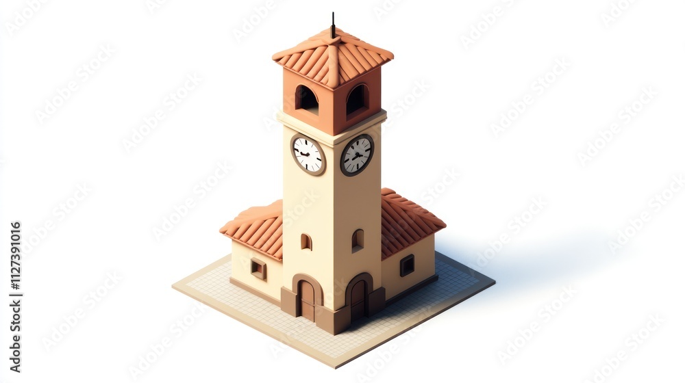 Aufkleber a stylized clock tower with two clocks and a tiled roof, set on a square base.