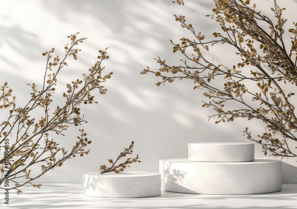 Poster A minimalist display with circular platforms and delicate branches casting shadows.