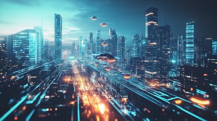Fototapeta premium Futuristic city, flying cars, neon lights.
