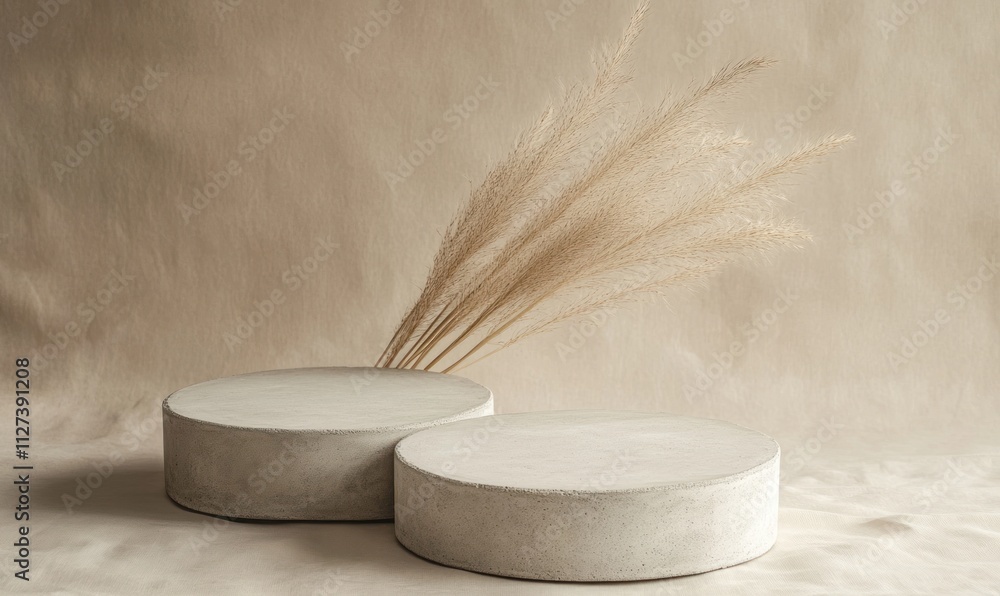 Poster Minimalistic display with round concrete bases and dried grass arrangement.