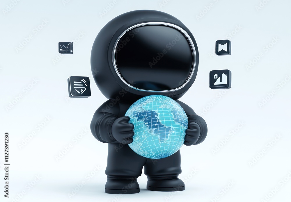 Aufkleber a stylized astronaut holding a globe, surrounded by digital icons representing technology and data.