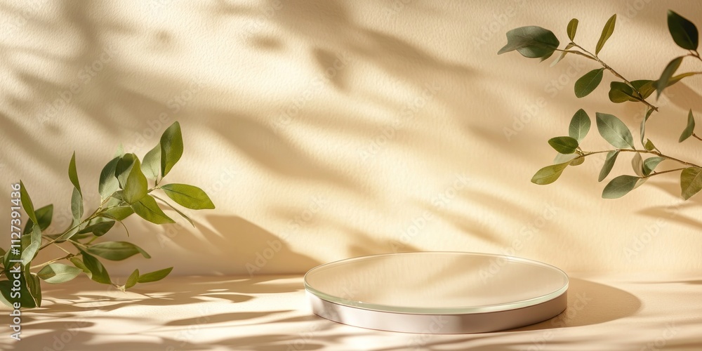 Poster A minimalist scene featuring a circular platform with soft shadows and green leaves.