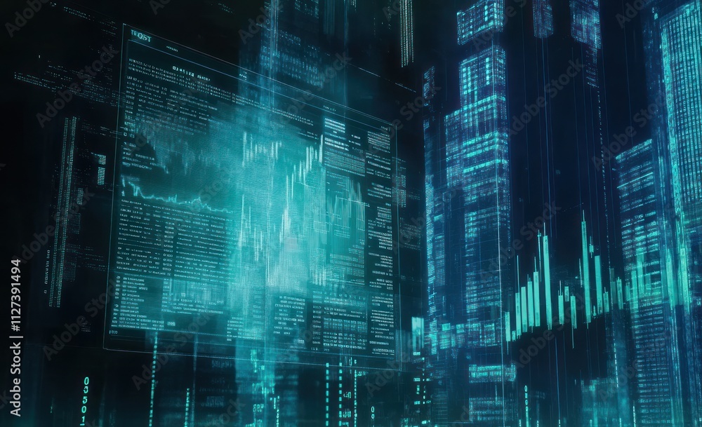 Poster Abstract digital landscape with data visualizations and futuristic elements.