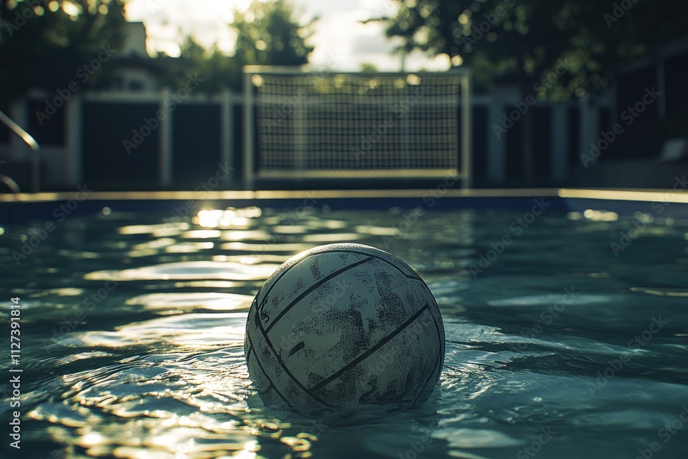 Poster a water polo ball floats in a pool with a goal in the background during sunset.