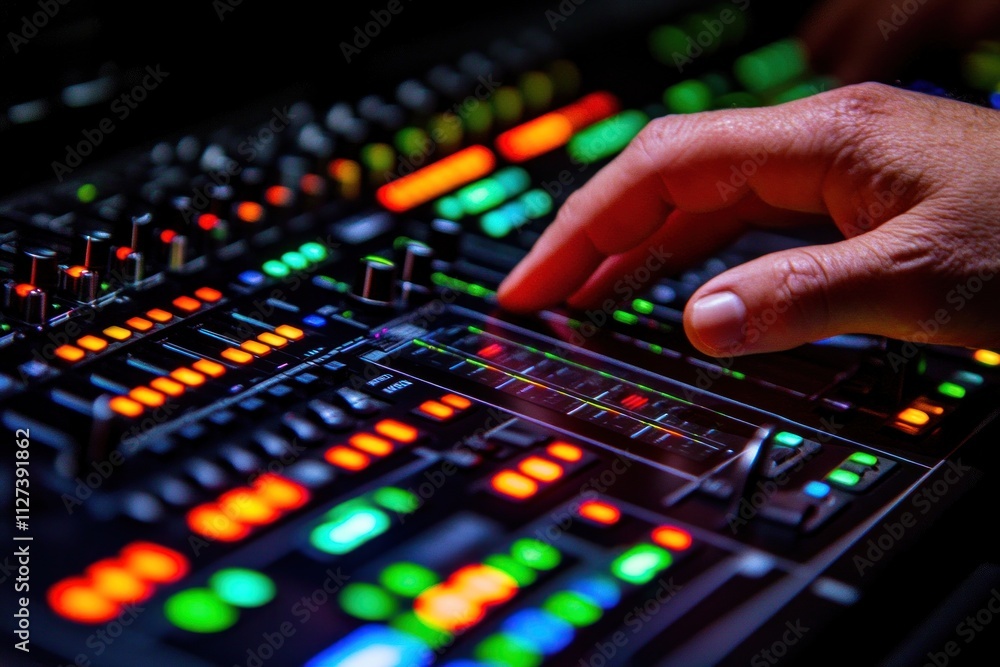 Aufkleber A close-up of a hand adjusting a colorful audio mixing console with various controls.