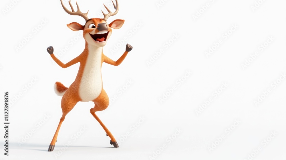 Aufkleber a happy animated deer character with antlers, expressing joy and excitement in a playful pose.