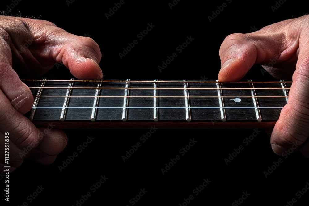 Poster close-up of hands playing guitar strings against a black background.