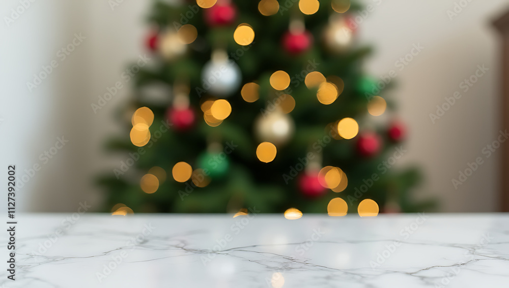 Poster a partially blurred christmas tree and ornaments are centered on a clean, empty marble tabletop in s