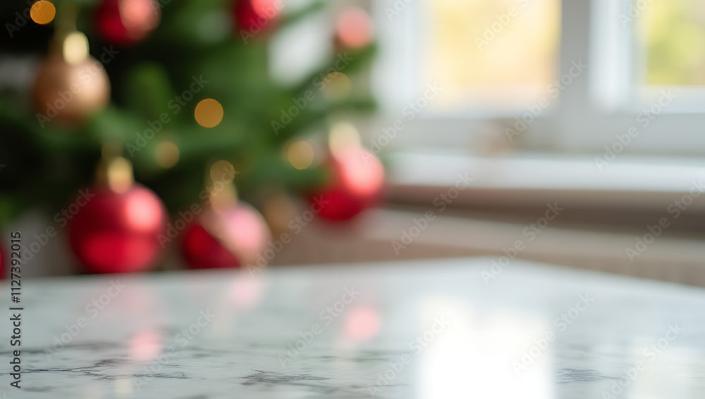 Poster a partially blurred christmas tree and ornaments are centered on a clean, empty marble tabletop in s