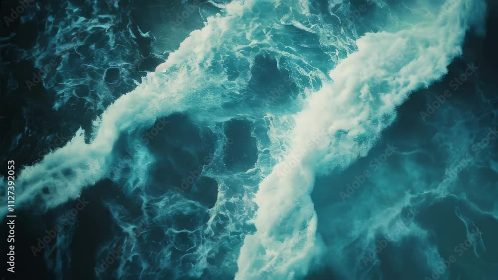 Poster waves crashing against the shore creating a serene sound and beautiful view