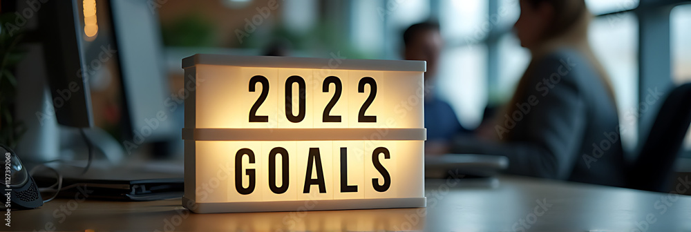 Aufkleber a motivational light box with 2022 goals text sits on a desk table in a productive office environmen
