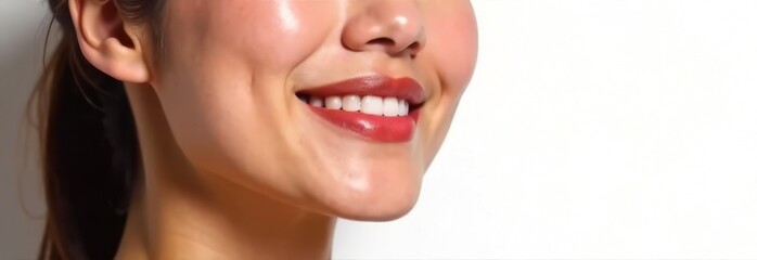 Perfect lips of an Asian girl, lipstick color Mocha mousse. Smile. Close-up. Natural beauty