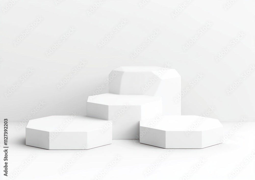 Poster a minimalist arrangement of white hexagonal pedestals on a smooth surface.