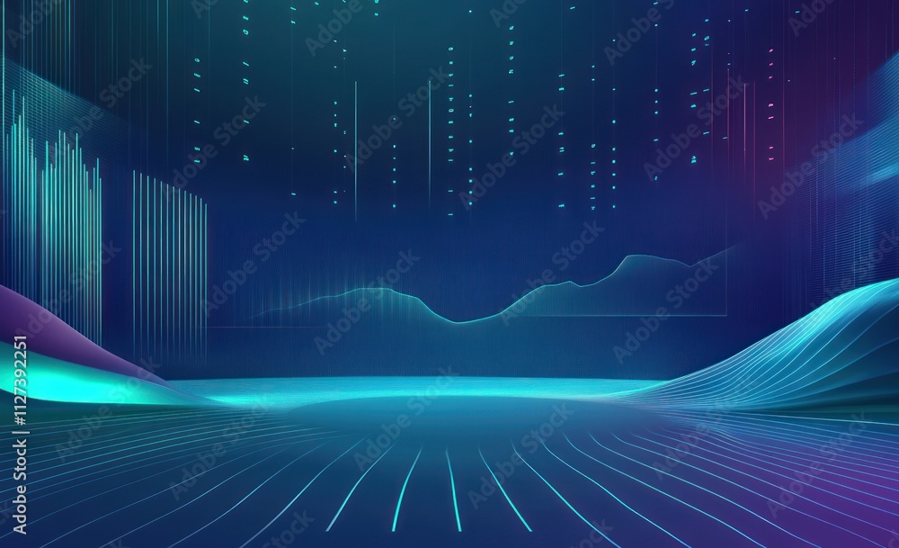 Aufkleber Abstract digital landscape with flowing lines and data visualizations.