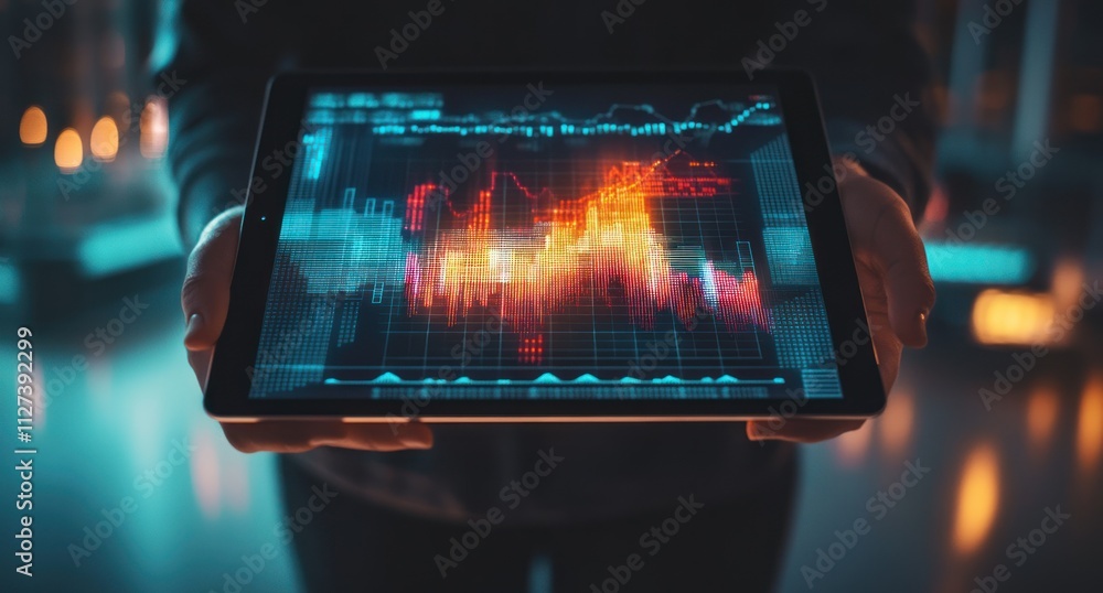 Aufkleber A person holds a tablet displaying colorful data visualizations and graphs.
