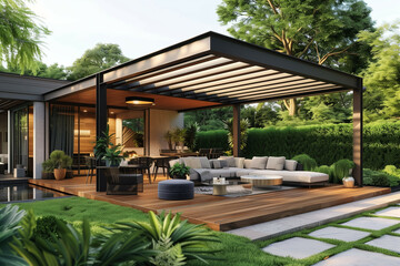 Modern Outdoor Patio with Luxury Wooden Deck, Comfortable Seating Area, and Lush Green Garden Surrounded by Trees in a Relaxing Setting