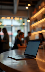 A modern laptop sits on a counter bar amidst a blurred background of a busy cafe atmosphere._00001_