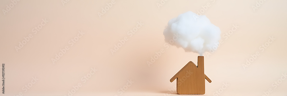 Poster a model house made of wood features a cloud emerging from a smokestack against a soft pastel colored
