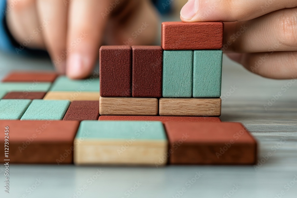 Poster a person assembling colorful wooden blocks in a creative arrangement.