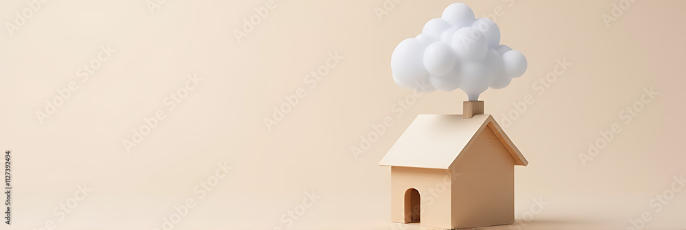 Poster a model house made of wood features a cloud emerging from a smokestack against a soft pastel colored