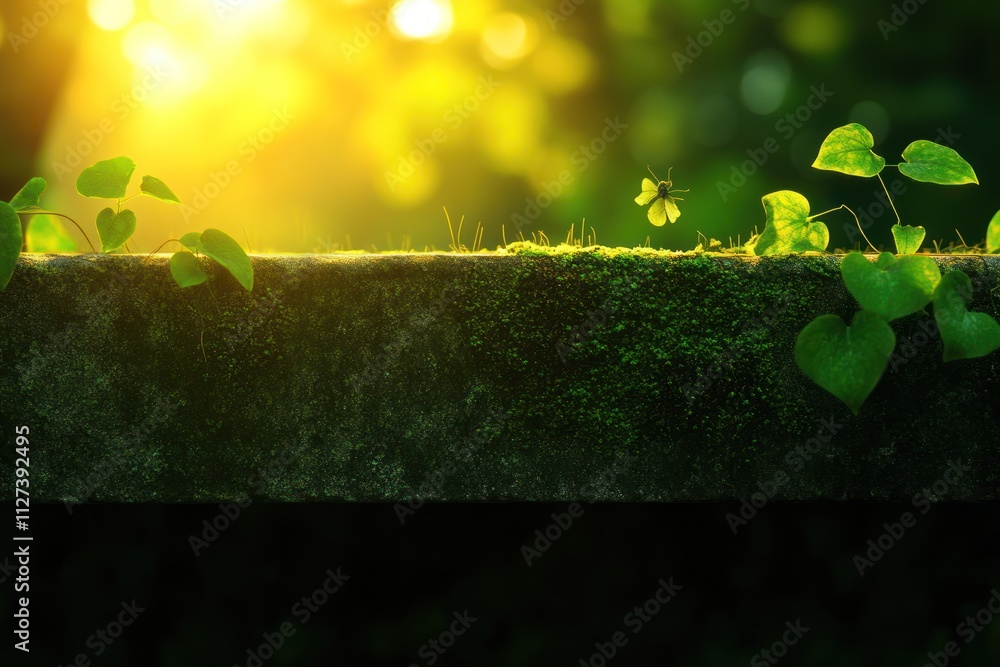 Poster a serene scene of sunlight filtering through greenery, highlighting lush plants on a surface.