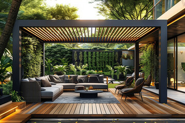 Fototapeta premium An elegant outdoor patio featuring a modern pergola, luxurious seating area, lush green plants, and warm ambient lighting in a garden setting
