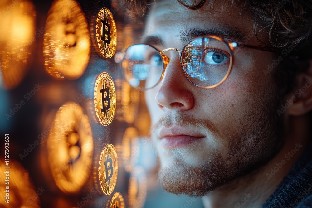 Poster symbolic cryptocurrency imagery with a man in focus, surrounded by glowing bitcoin tokens in motion.