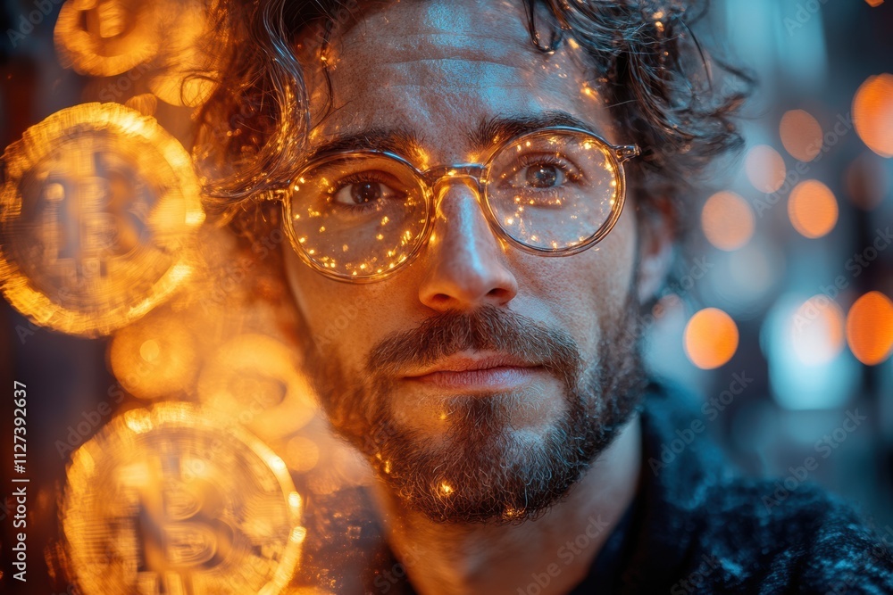 Poster Symbolic cryptocurrency imagery with a man in focus, surrounded by glowing Bitcoin tokens in motion.
