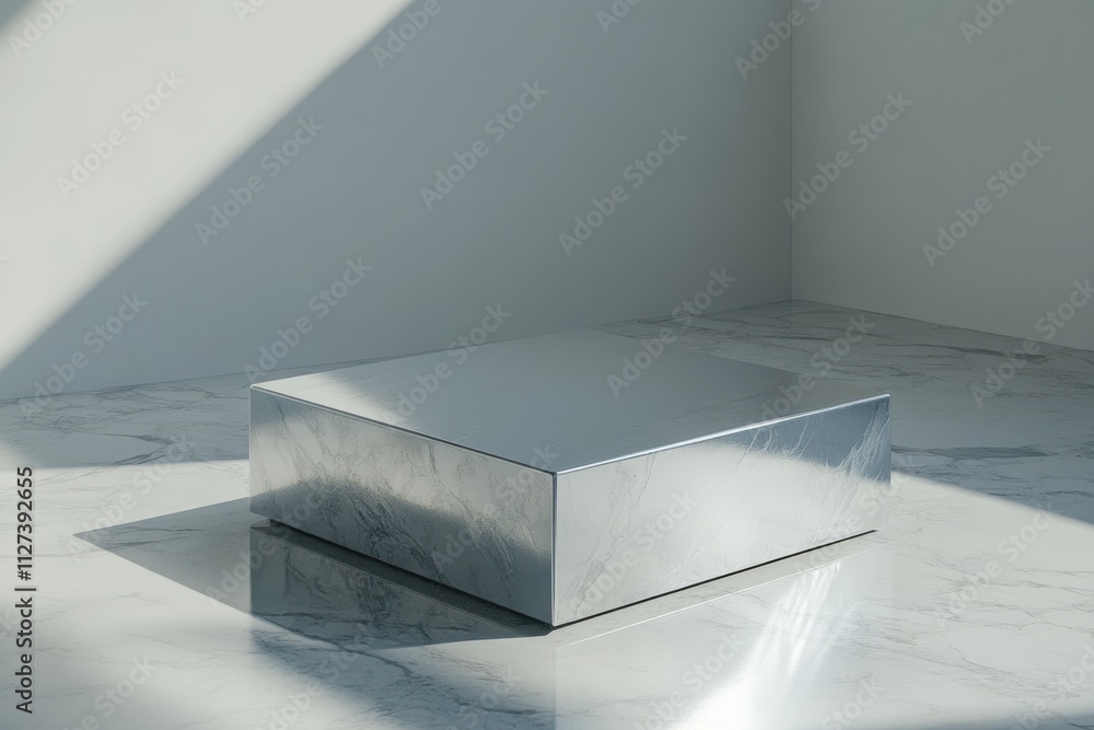 Poster a reflective, minimalist box on a marble surface with soft light and shadows.