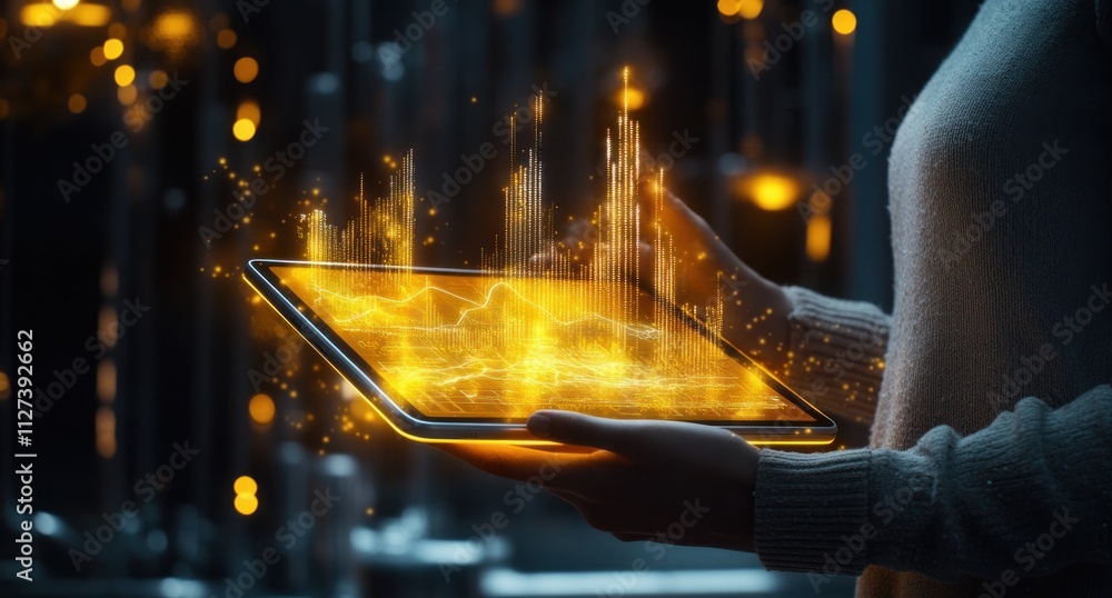 Poster a person holds a glowing tablet displaying vibrant, digital energy patterns.
