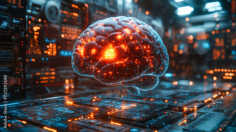 Poster a glowing digital 3d brain model displayed over a futuristic circuit board background, symbolizing a