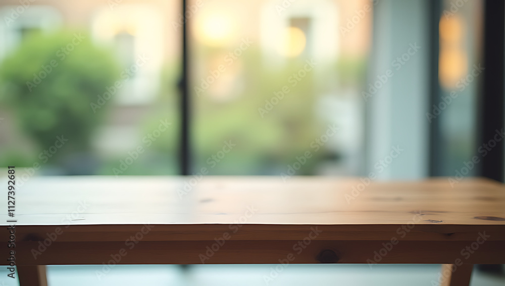 Poster A minimalist wooden table sits atop a blurred glass surface with an abstract view of the outdoors through the window._00003_