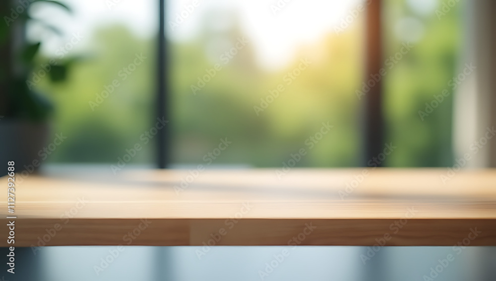 Poster a minimalist wooden table sits atop a blurred glass surface with an abstract view of the outdoors th