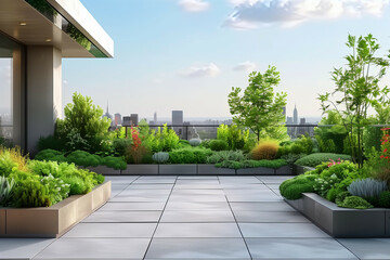 Fototapeta premium Modern rooftop garden with lush greenery, urban skyline view, and a serene outdoor setting under a blue sky